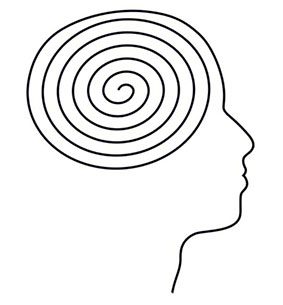 Kopf-Silhouette Foto-zeigt-Strichzeichnung-einer-Kopf-Silhouette-mit-spiralförmigem-Muster-als-Symbol-für-geordnete-Gedanken,-Reflexion-und-innere-Klarheit